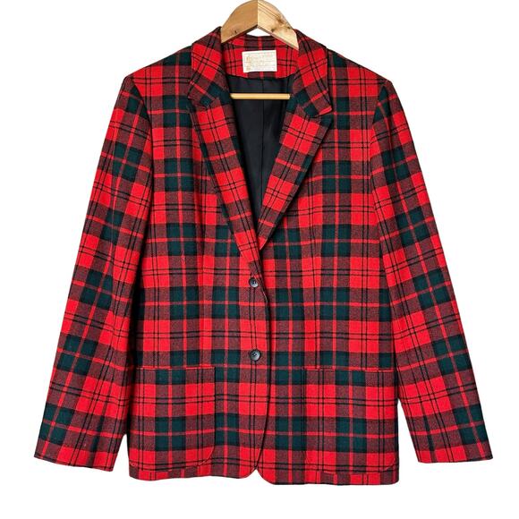 Pendleton Blazer Jacket 100% Virgin Wool Tartan Plaid Vintage‎ Red Green Size 10 - Picture 1 of 11